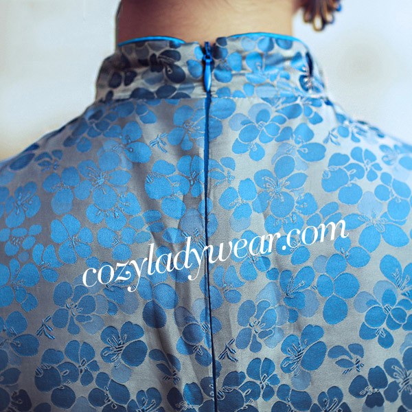 Clearance Blue Floral Silk Half Sleeve Qipao Cheongsam Dress
