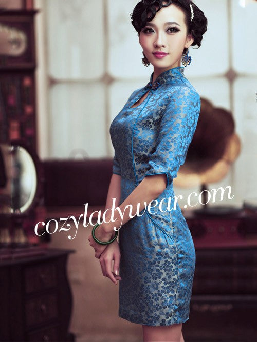Clearance Blue Floral Silk Half Sleeve Qipao Cheongsam Dress