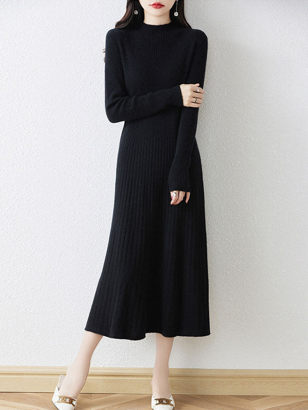 Gray Black Winter Crew Neck Knit Sweater Midi A-line Dress