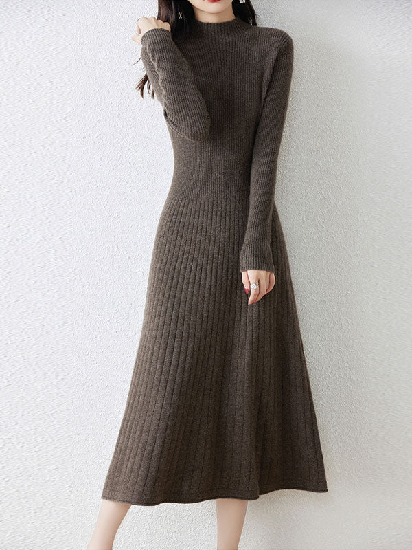 Gray Black Winter Crew Neck Knit Sweater Midi A-line Dress