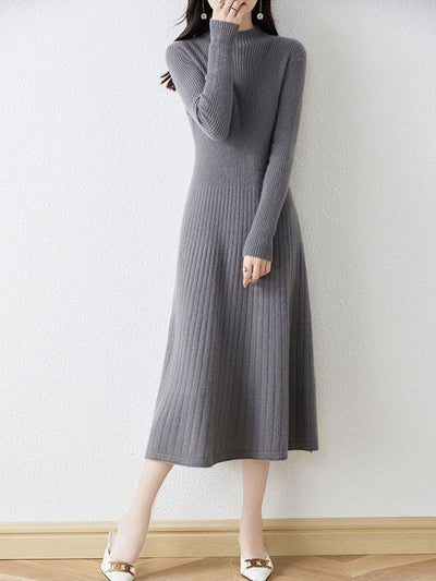 Gray Black Winter Crew Neck Knit Sweater Midi A-line Dress