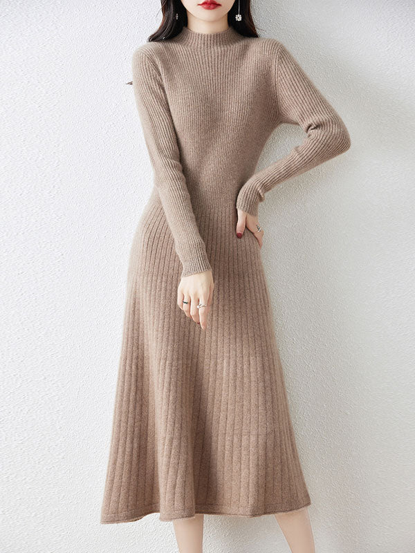 Gray Black Winter Crew Neck Knit Sweater Midi A-line Dress