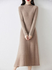 Gray Black Winter Crew Neck Knit Sweater Midi A-line Dress