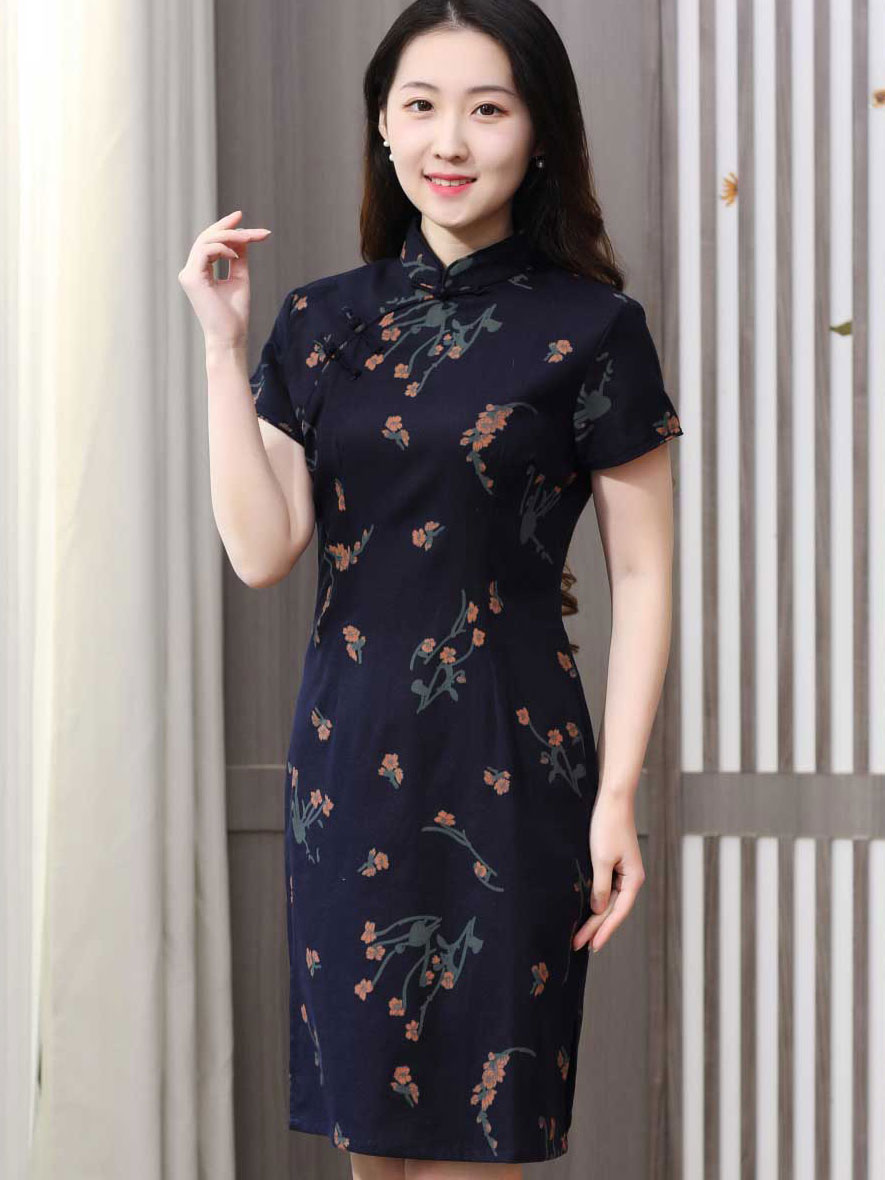 Floral Linen Modern Cheongsam Chinese Qipao Dress