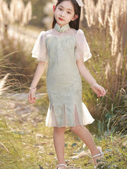 Green Jacquard Frill Hem Kids Girls Qipao Cheongsam Dress