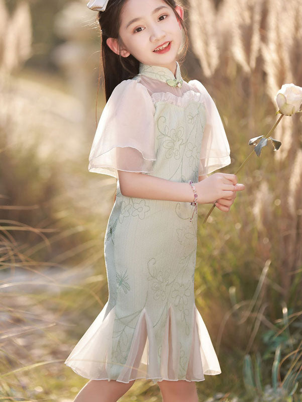 Green Jacquard Frill Hem Kids Girls Qipao Cheongsam Dress