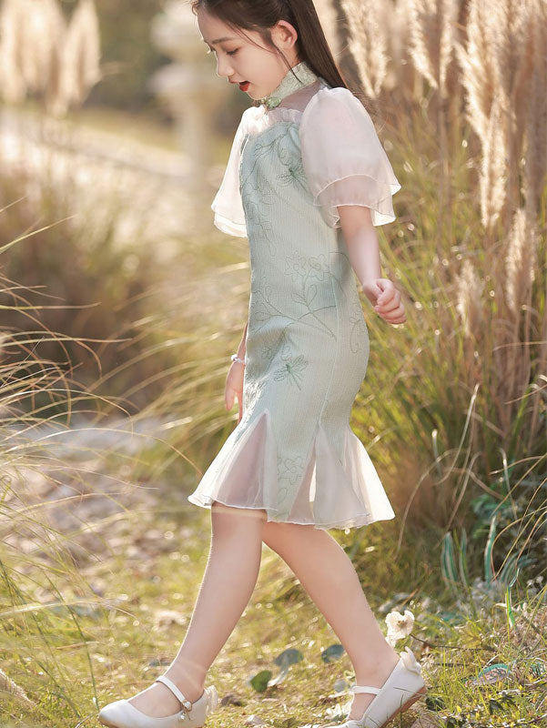 Green Jacquard Frill Hem Kids Girls Qipao Cheongsam Dress