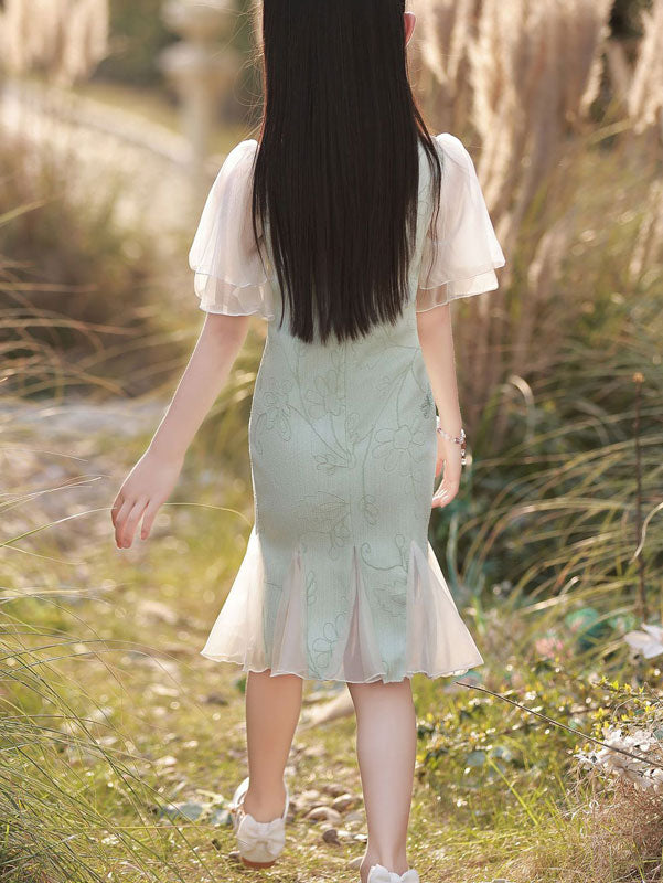 Green Jacquard Frill Hem Kids Girls Qipao Cheongsam Dress