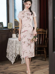 Floral Linen Midi Cheongsam Qipao Dress