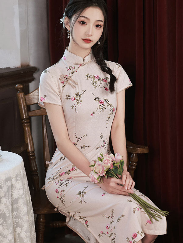 Floral Linen Midi Cheongsam Qipao Dress