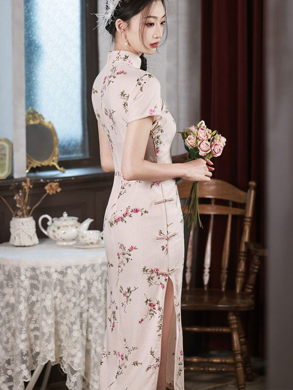 Floral Linen Midi Cheongsam Qipao Dress
