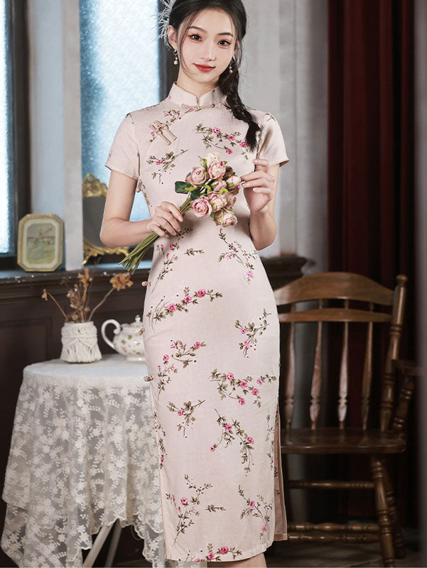 Floral Linen Midi Cheongsam Qipao Dress