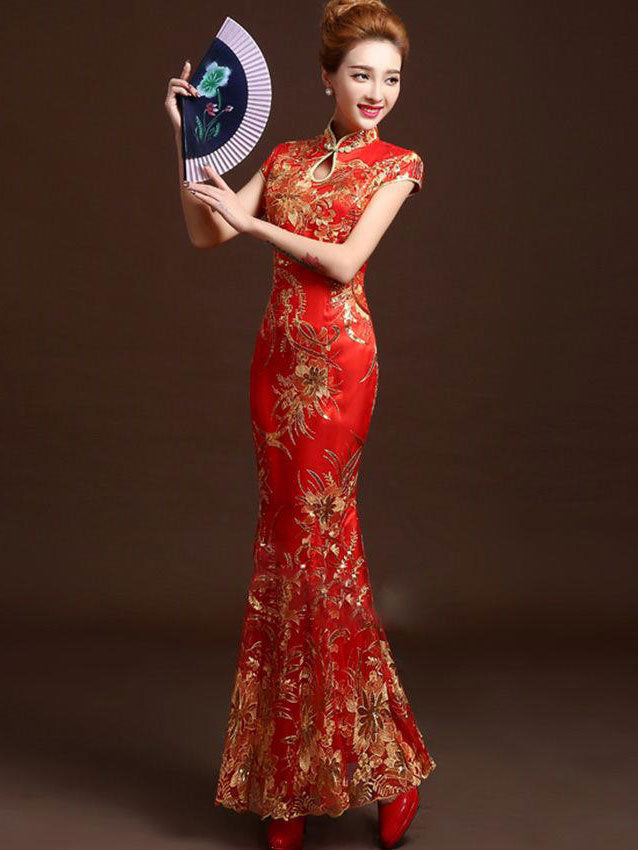 Red Sequined Fishtail Wedding Cheongsam Qipao Dress