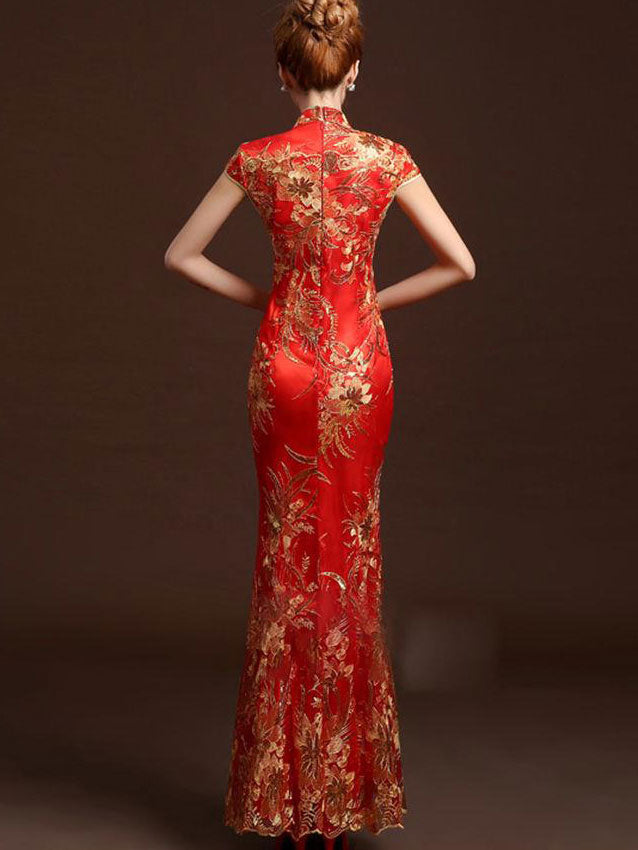 Red Sequined Fishtail Wedding Cheongsam Qipao Dress