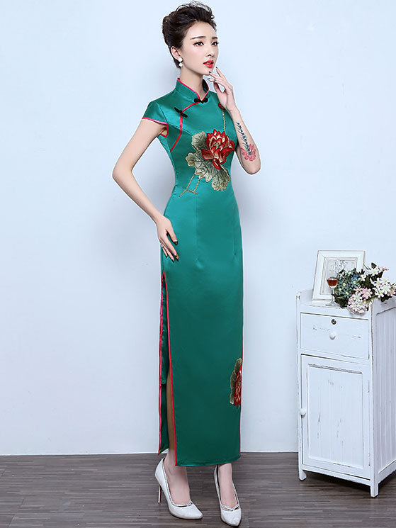 Clearance Red Green Embroidered Lotus Cheongsam Dress