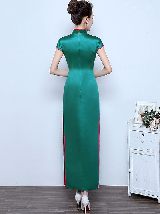 Clearance Red Green Embroidered Lotus Cheongsam Dress