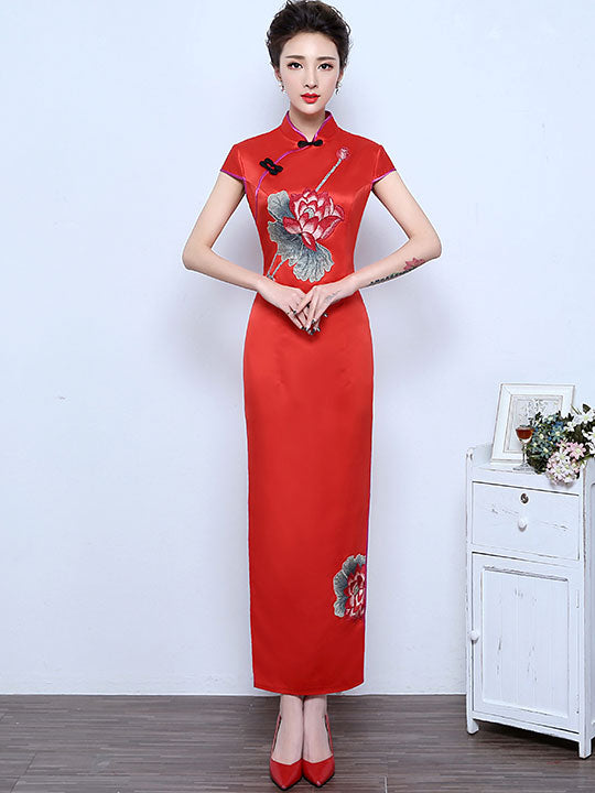 Clearance Red Green Embroidered Lotus Cheongsam Dress