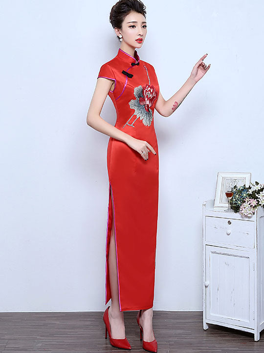 Clearance Red Green Embroidered Lotus Cheongsam Dress