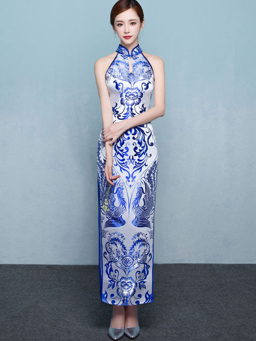 Blue & White Floral Halter Long Qipao Cheongsam Dress