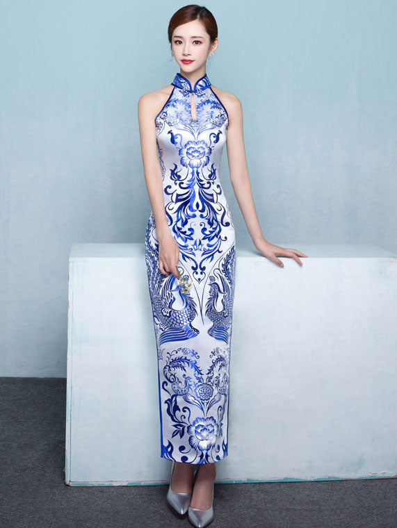 Blue & White Floral Halter Long Qipao Cheongsam Dress