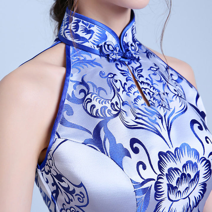 Blue & White Floral Halter Long Qipao Cheongsam Dress