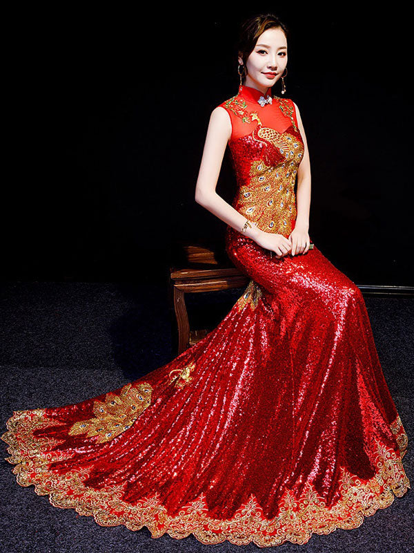 Custom Made Sequined Brush Train Qipao Cheongsam Evening Dress