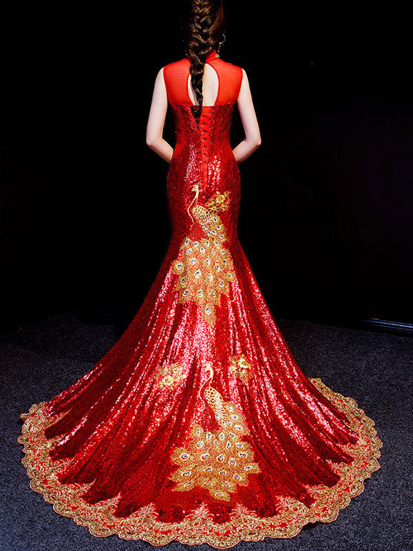 Custom Made Sequined Brush Train Qipao Cheongsam Evening Dress