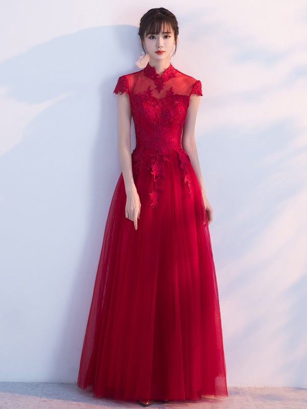 Red Floor Length Tulle Wedding Qipao Cheongsam Dress