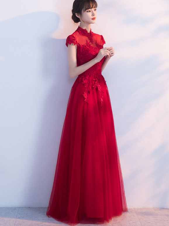 Red Floor Length Tulle Wedding Qipao Cheongsam Dress
