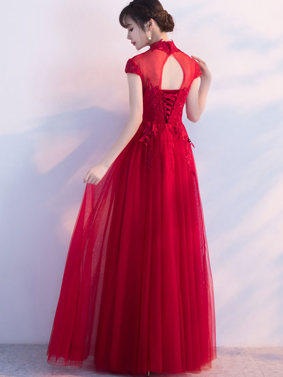 Red Floor Length Tulle Wedding Qipao Cheongsam Dress