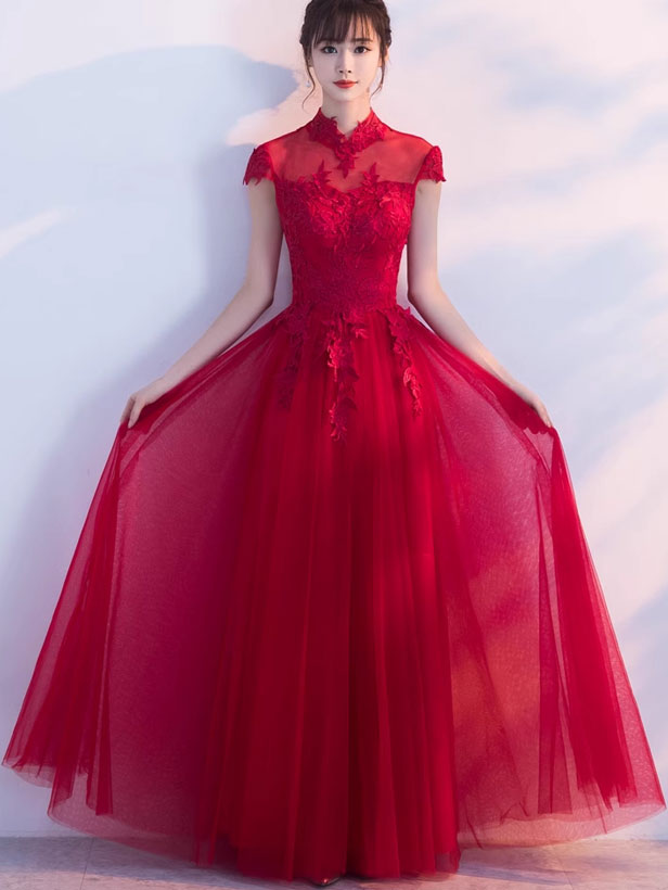 Red Floor Length Tulle Wedding Qipao Cheongsam Dress