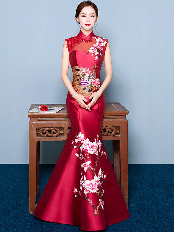 Embroidered Phoenix Mermaid Qipao Cheongsam Wedding Dress