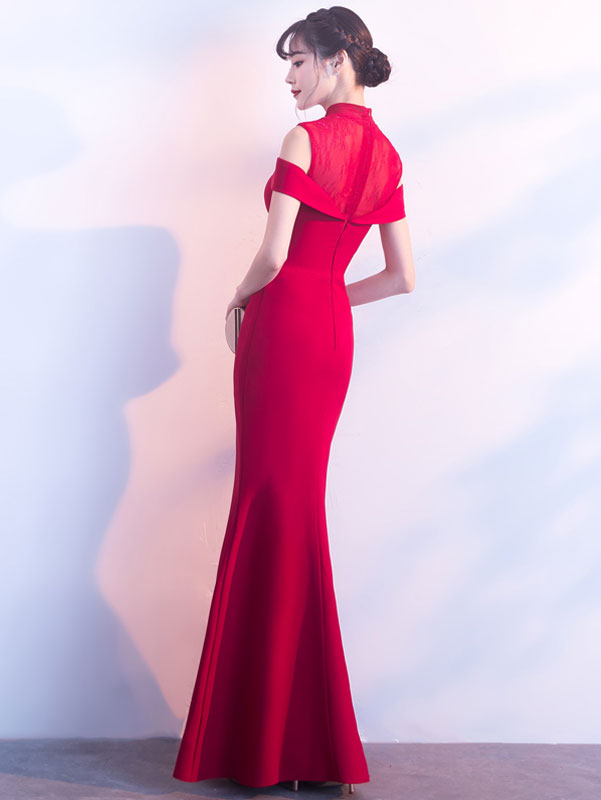 Burgundy Cold Shoulder Fishtail Qipao Cheongsam Wedding Dress