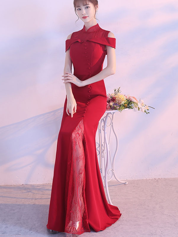 Burgundy Cold Shoulder Fishtail Qipao Cheongsam Wedding Dress
