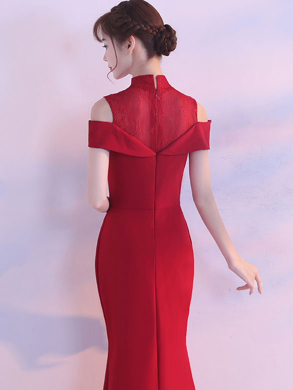 Burgundy Cold Shoulder Fishtail Qipao Cheongsam Wedding Dress