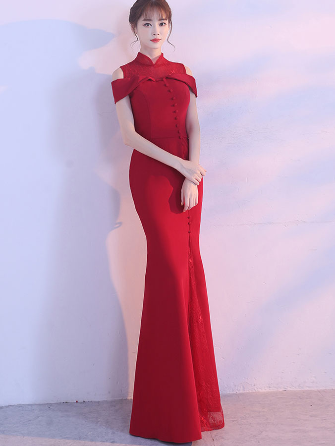 Burgundy Cold Shoulder Fishtail Qipao Cheongsam Wedding Dress