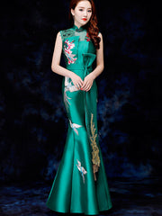 Purple Green Embroidered Fishtail Qipao Cheongsam Party Dress