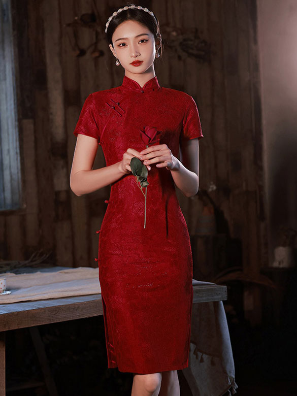 Red Shimmery Engagement Qipao Cheongsam Dress