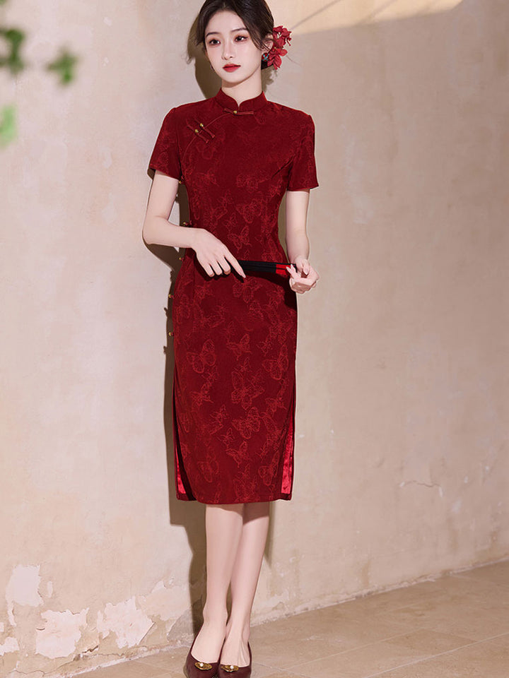 Red Jacquard Engagement Qipao Cheongsam Dress
