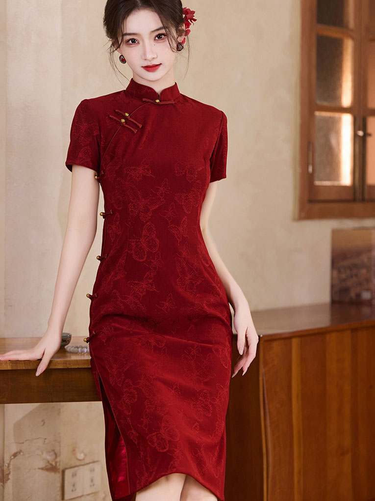 Red Jacquard Engagement Qipao Cheongsam Dress