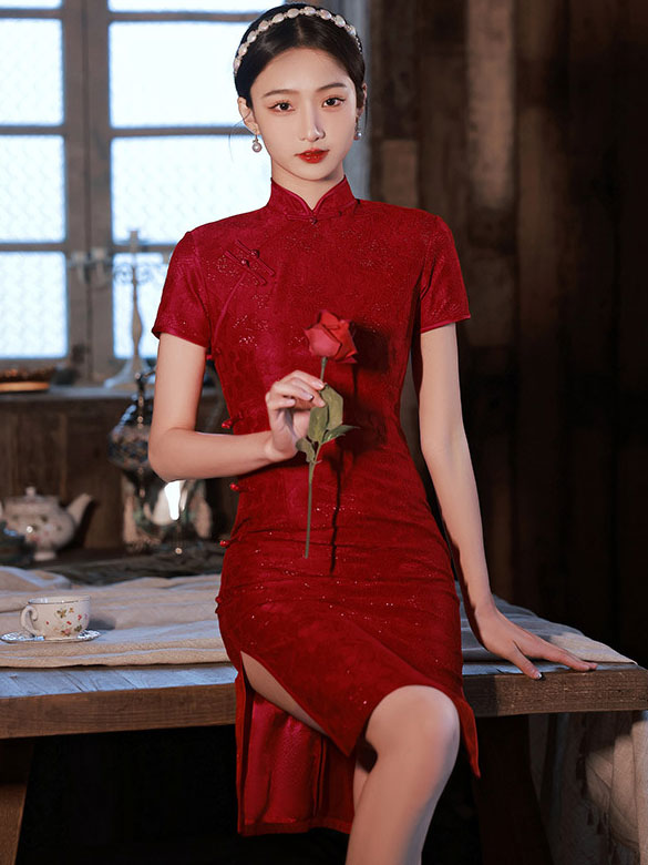 Red Shimmery Engagement Qipao Cheongsam Dress