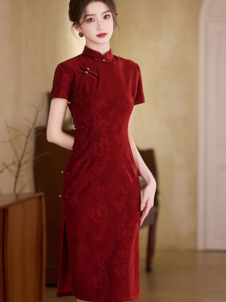 Red Jacquard Engagement Qipao Cheongsam Dress