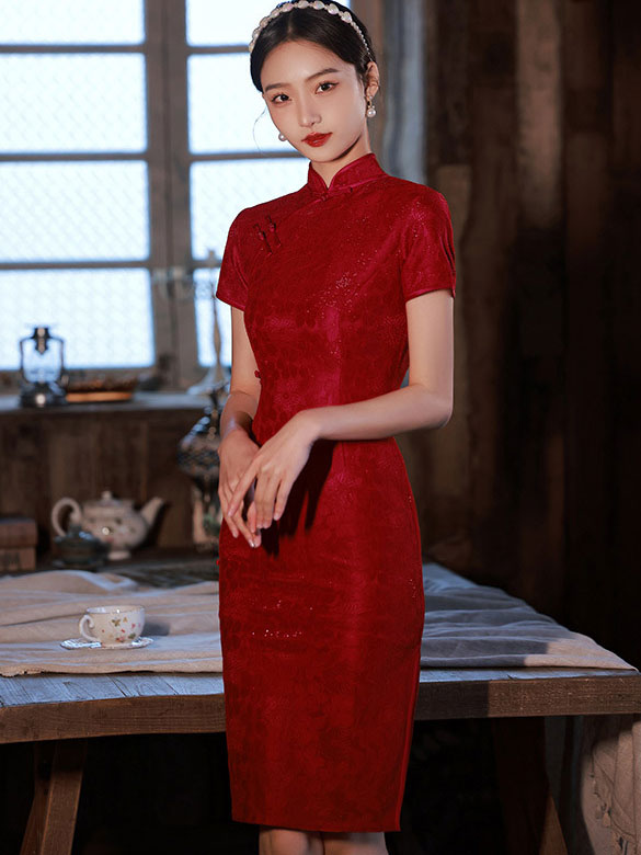 Red Shimmery Engagement Qipao Cheongsam Dress