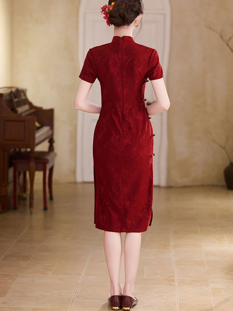 Red Jacquard Engagement Qipao Cheongsam Dress
