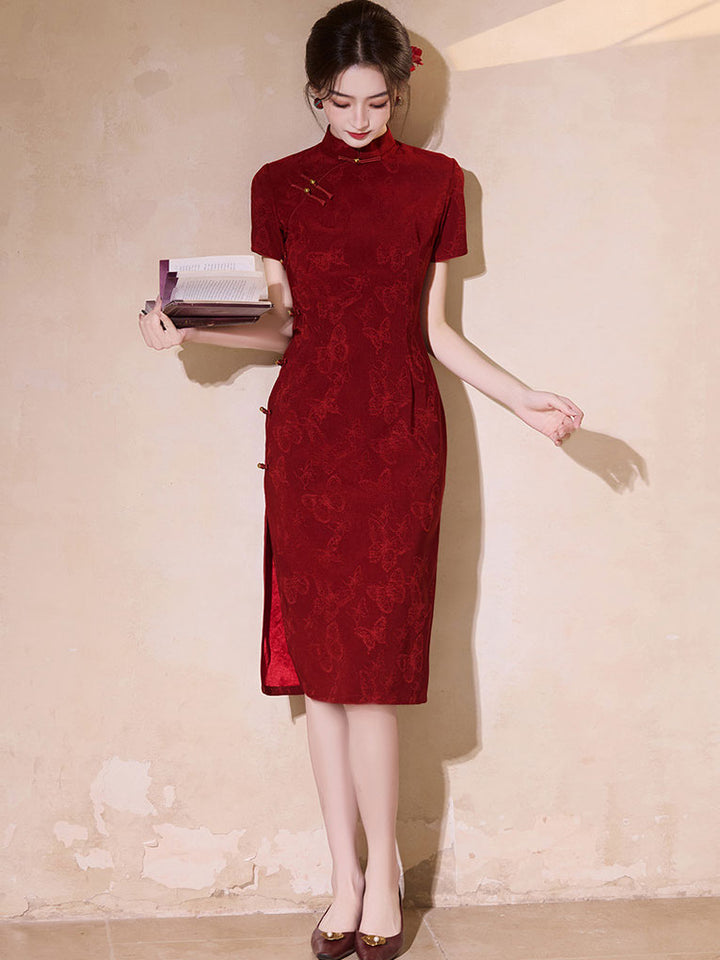 Red Jacquard Engagement Qipao Cheongsam Dress