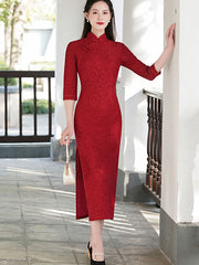 Wine Red Lace Half Sleeve Modern Qipao Cheongsam Party Dress