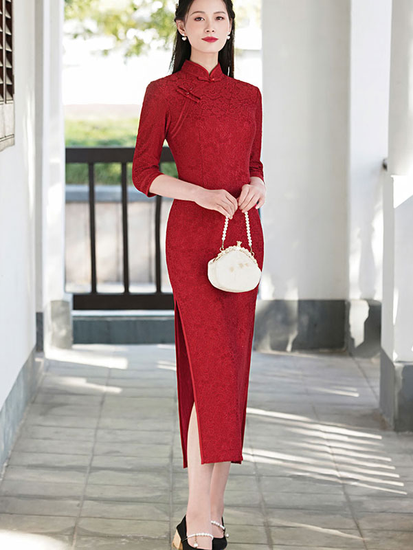 Wine Red Lace Half Sleeve Modern Qipao Cheongsam Party Dress