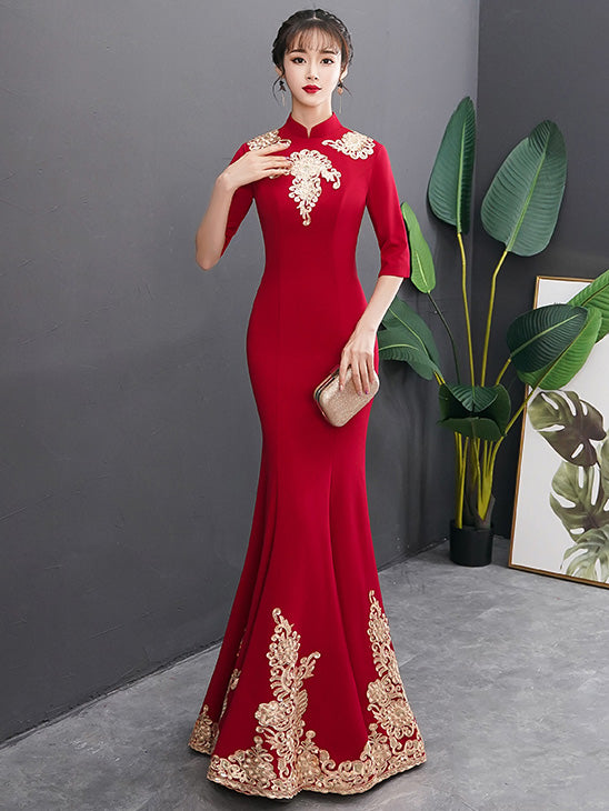Gold Appliques Mermaid Fishtail Wedding Qipao Cheongsam Dress