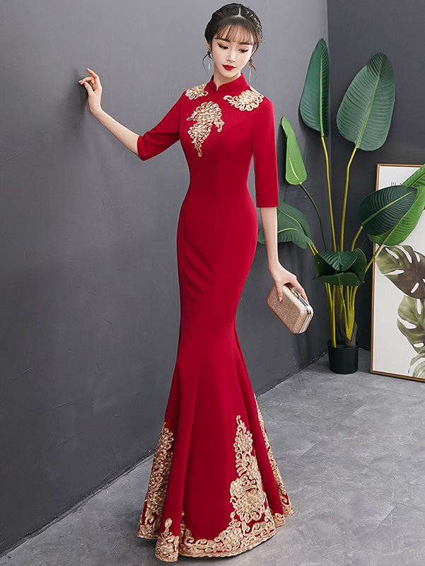 Gold Appliques Mermaid Fishtail Wedding Qipao Cheongsam Dress