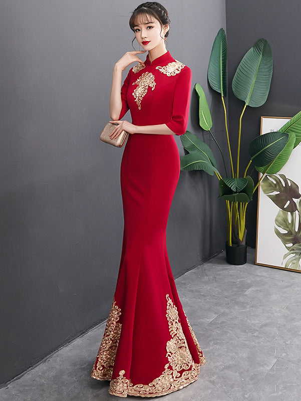 Gold Appliques Mermaid Fishtail Wedding Qipao Cheongsam Dress